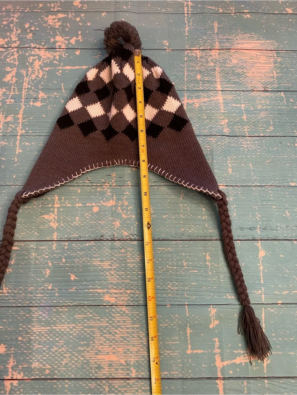 Gray, Black, White, Pom-Pom Earflap Hat